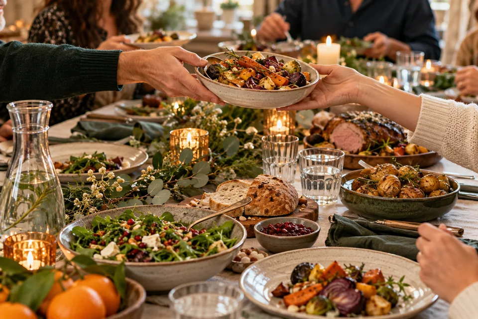 Festlich gedeckter Tisch mit Gemüse, gemeinsamem Essen und Wasserkaraffe