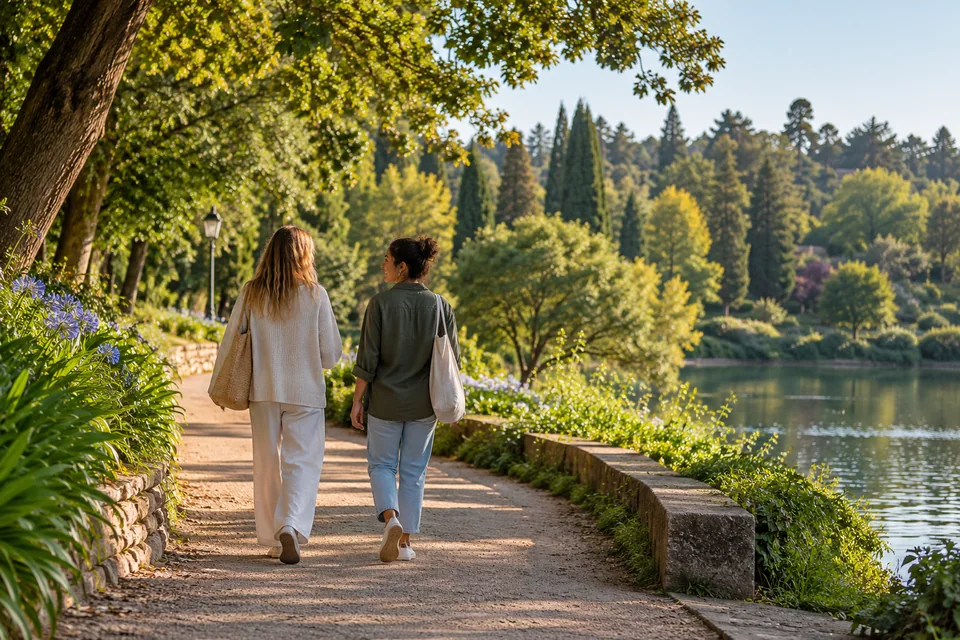 Gemeinsamer Spaziergang auf einem grünen Parkweg